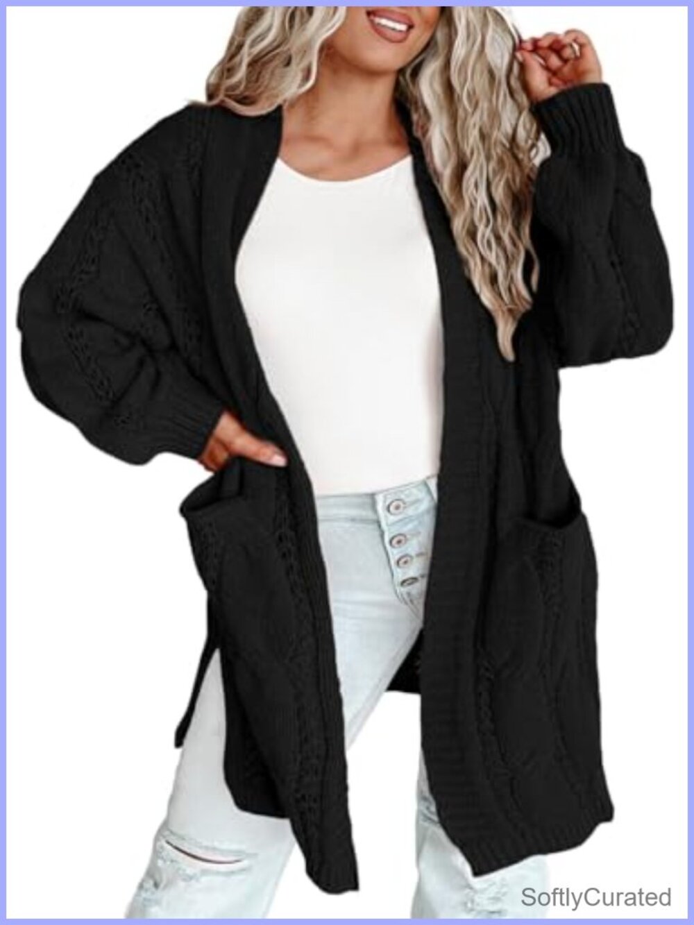 Plus Size Cable Knit Open Front Cardigan Long Sleeve Acrylic Sweater